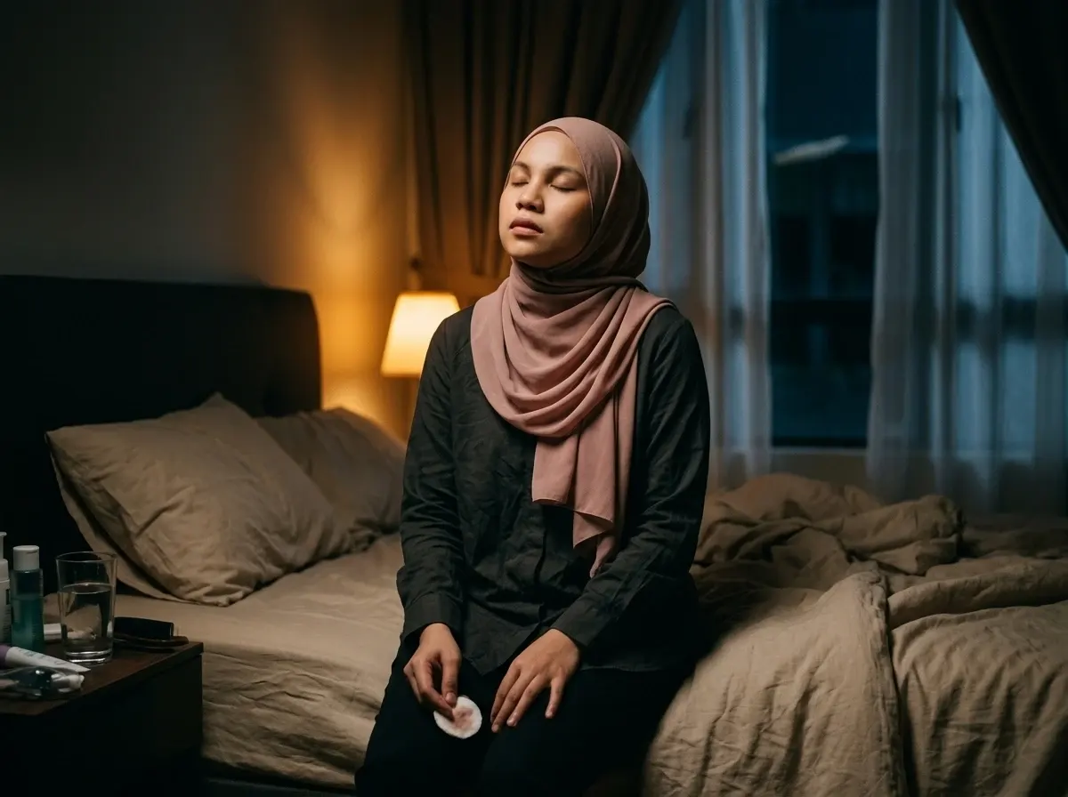 Wanita yang penat pada waktu malam, makeup belum dibersihkan